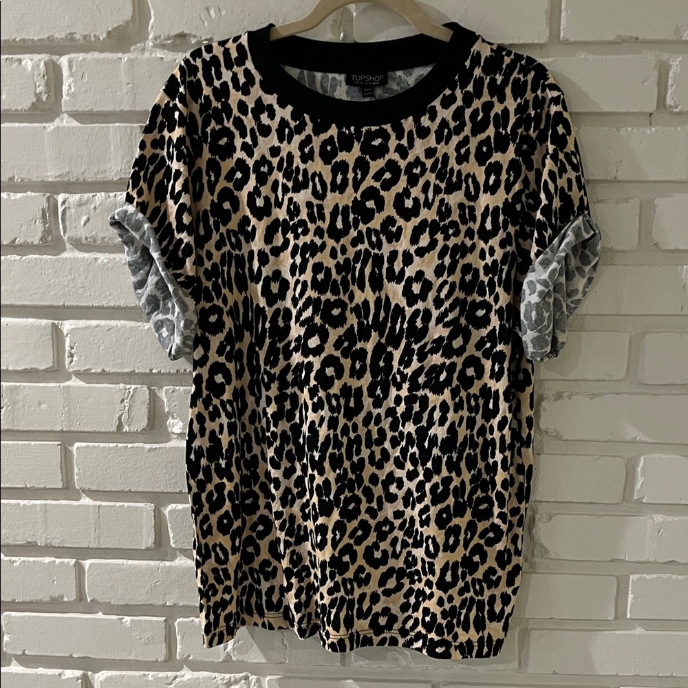 Topshop Beige and Black Leopard Short Sleeve Tee